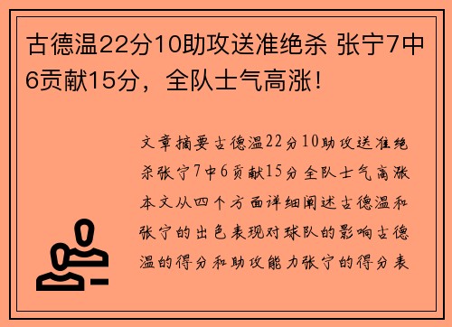 古德温22分10助攻送准绝杀 张宁7中6贡献15分，全队士气高涨！